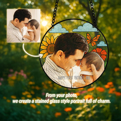 Personalized Father Portrait Photo Glass Suncatcher, Custom Photo Portrait Stained Glass Suncatcher, Father's Day Gift, Gift From Kids (Sun-121)