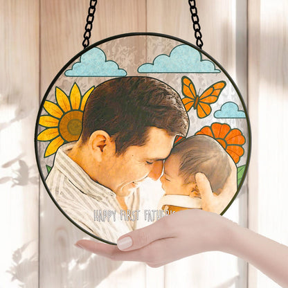 Personalized Father Portrait Photo Glass Suncatcher, Custom Photo Portrait Stained Glass Suncatcher, Father's Day Gift, Gift From Kids (Sun-121)