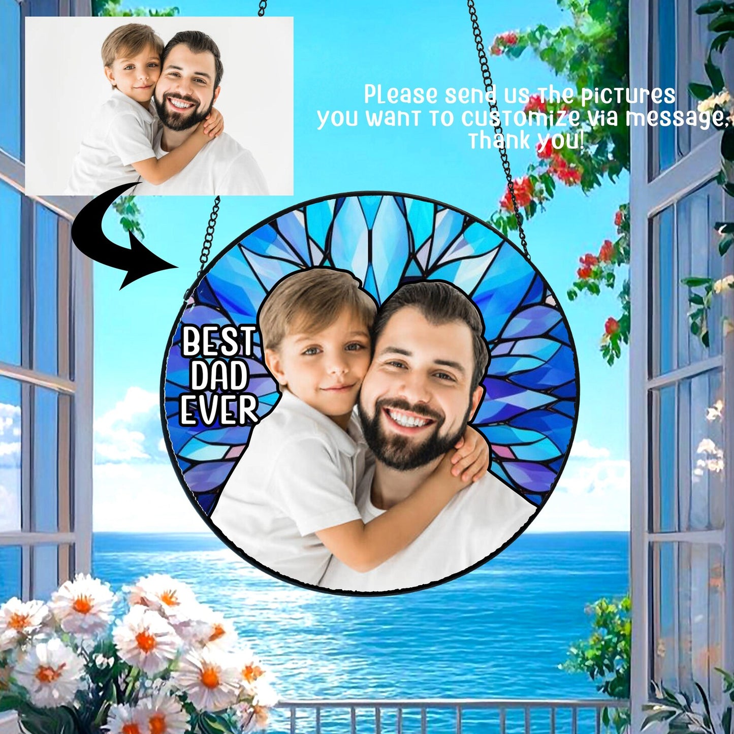 Personalized Dad Portrait Stained Glass Suncatcher Window Hangings, Father's Day Gifts, Grandpa Gifts, New Dad Gifts 2025, Gifts for Husband (Sun-151)
