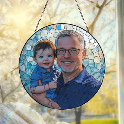 Personalized Grandpa Stained Glass Suncatcher, Father Portrait Photo Suncatcher, New Dad Gift, Gift for Grandpa, Father Day Gift For Dad (Sun-149)
