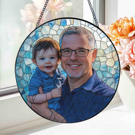 Personalized Grandpa Stained Glass Suncatcher, Father Portrait Photo Suncatcher, New Dad Gift, Gift for Grandpa, Father Day Gift For Dad (Sun-149)