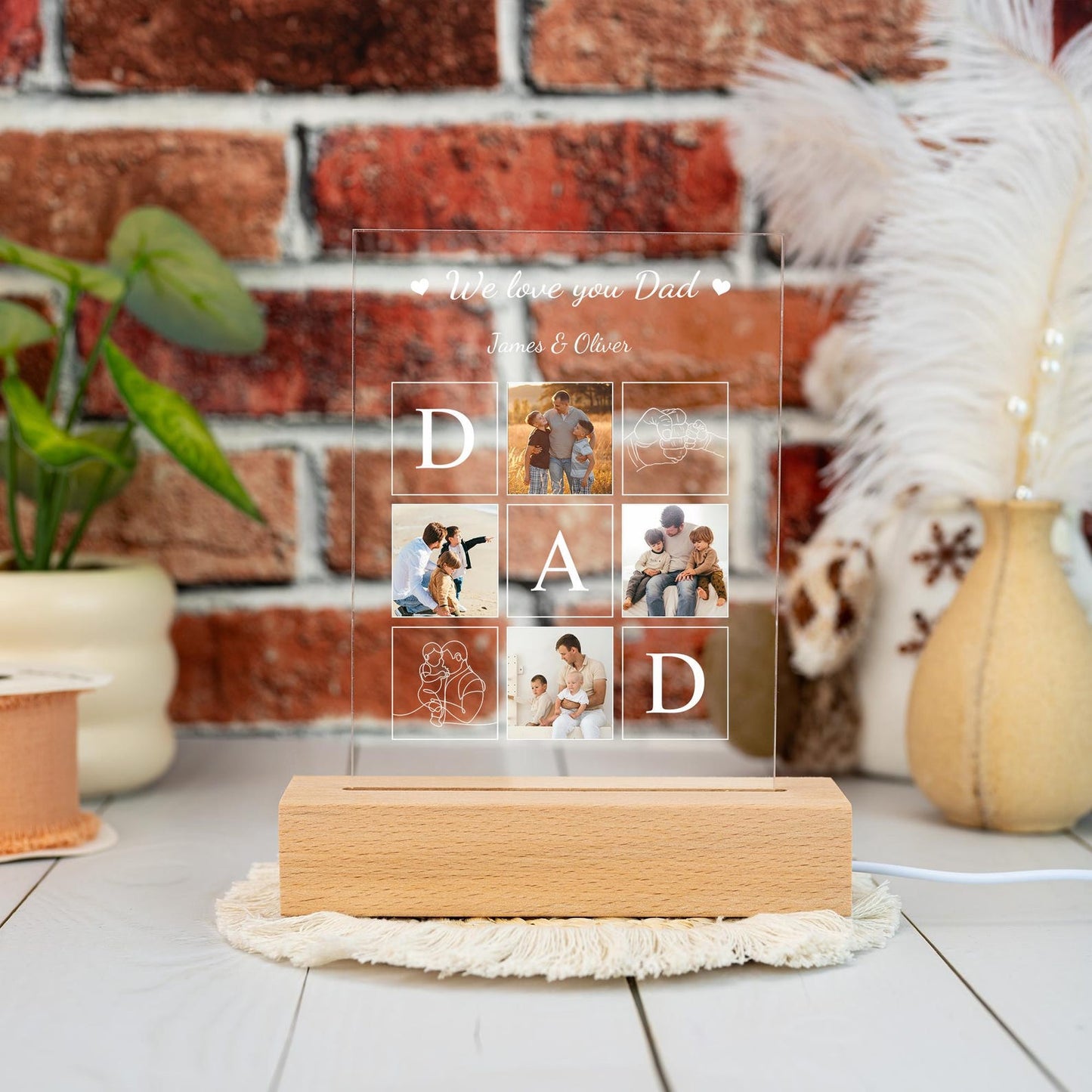 Custom Dad Night Light with Photo and Name, Personalized Glass Lamp for Father’s Day, Unique Gift from Daughter, Grandpa Gift, New Dad Present (DNL-04)