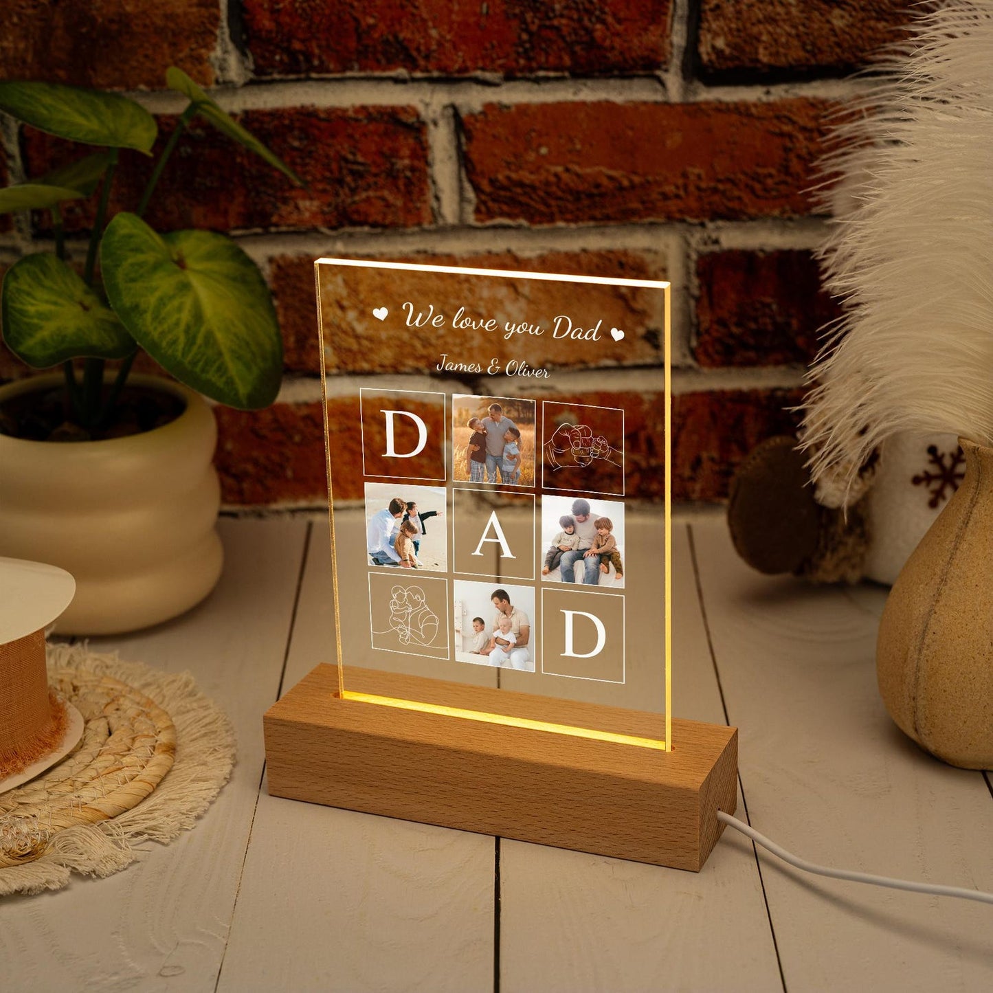 Custom Dad Night Light with Photo and Name, Personalized Glass Lamp for Father’s Day, Unique Gift from Daughter, Grandpa Gift, New Dad Present (DNL-04)