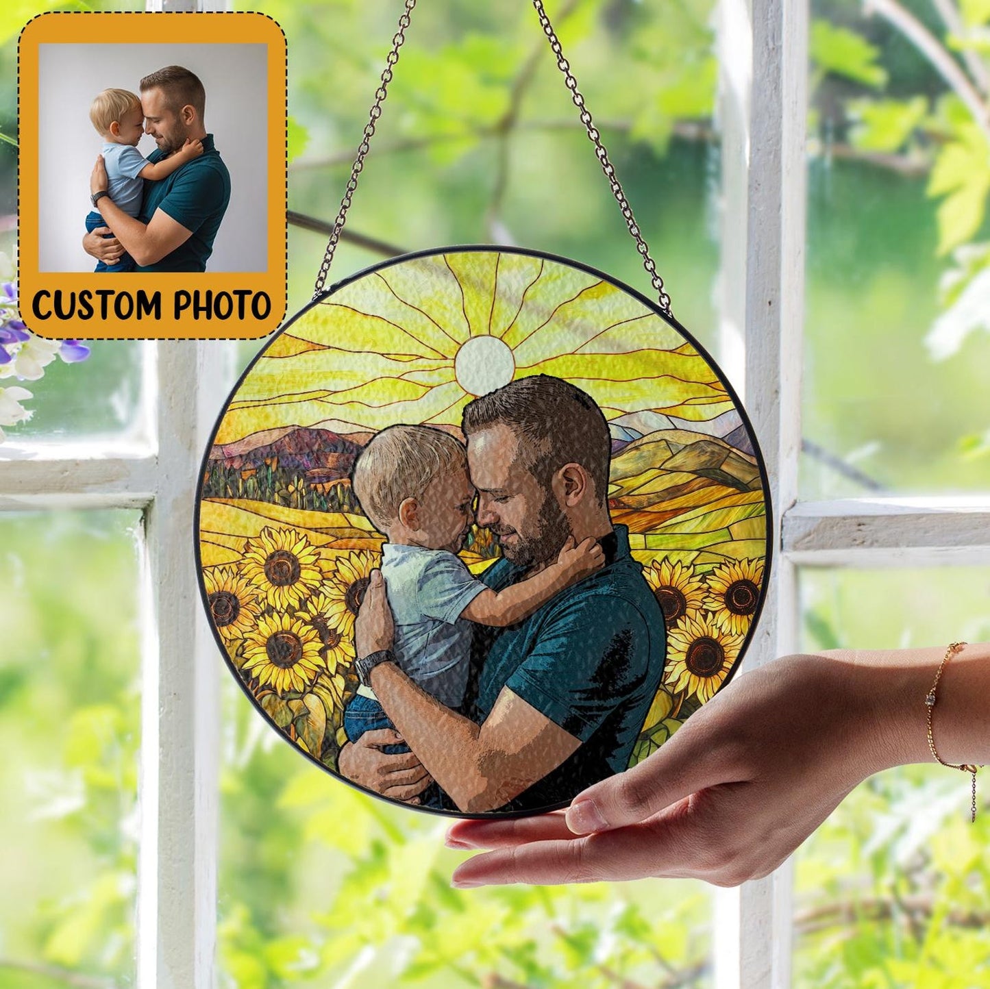 Custom Photo Kids And Dad Glass Suncatcher, Personalized Father's Day Suncatcher For Dad, Dad And Child Gift, New Dad Gifts, Gift From Kids (Sun-152)