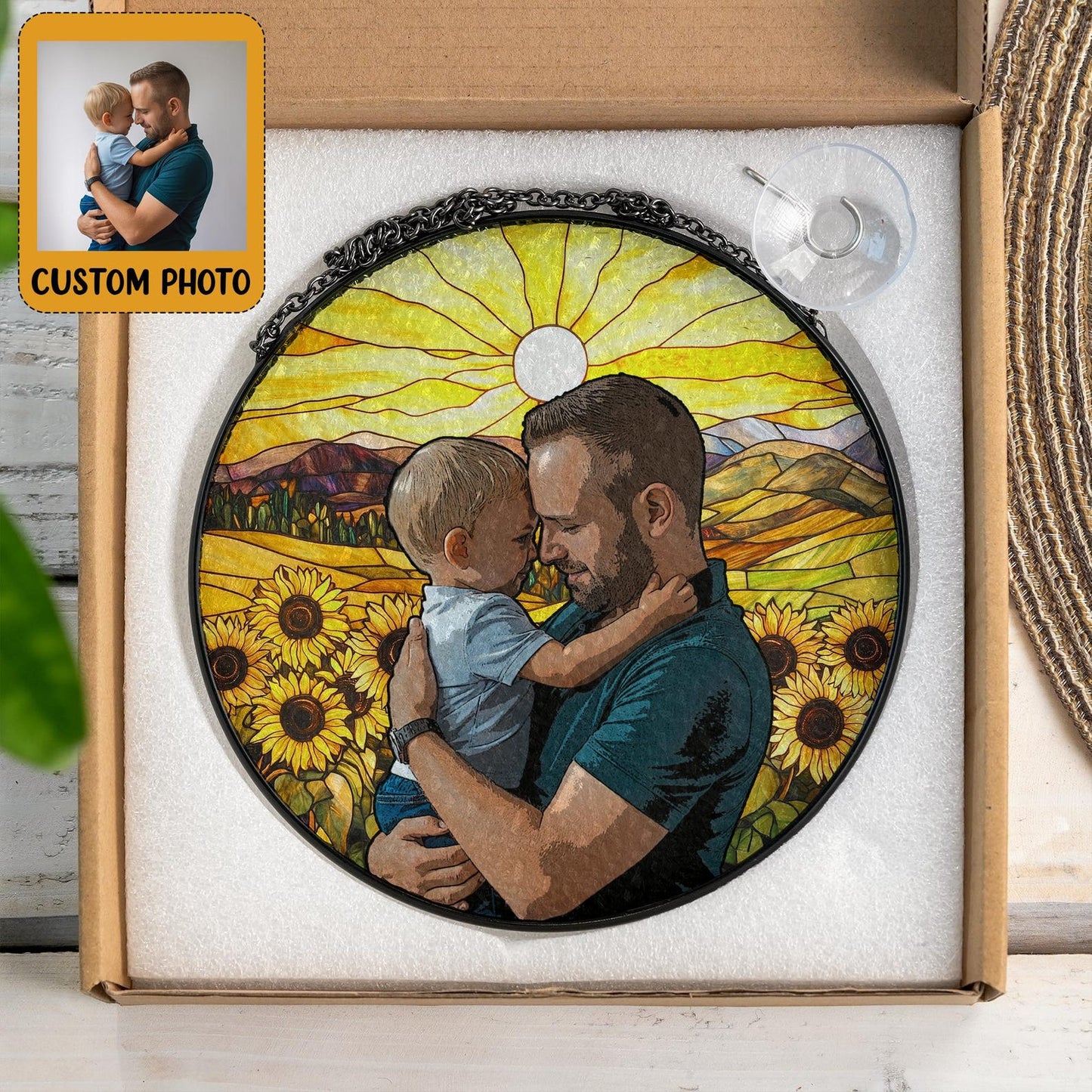 Custom Photo Kids And Dad Glass Suncatcher, Personalized Father's Day Suncatcher For Dad, Dad And Child Gift, New Dad Gifts, Gift From Kids (Sun-152)
