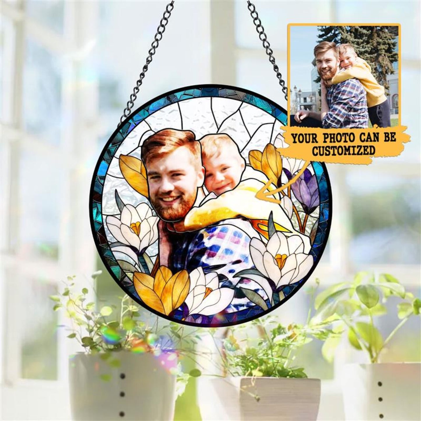 Personalized Dad Portrait Stained Glass Suncatcher, Fathers Day Gift, Gift From Kid, Glass Suncatcher, Window Hanging, Custom Photo, Dad Birthday Gift (Sun-150)