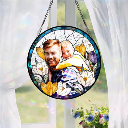 Personalized Dad Portrait Stained Glass Suncatcher, Fathers Day Gift, Gift From Kid, Glass Suncatcher, Window Hanging, Custom Photo, Dad Birthday Gift (Sun-150)