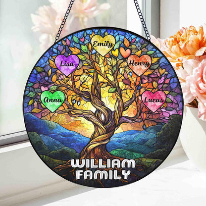 Personalized Family Tree Glass Suncatcher, Stained Glass Tree of Life, Family Names Glass Suncatcher, Family Keepsake, Family Stained Glass Window Decor (Sun-132)