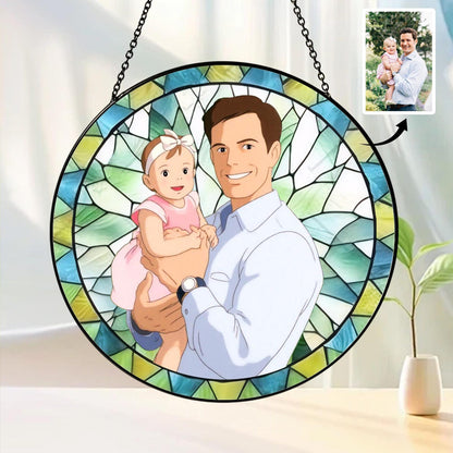 Custom Father's Day Gift, Personalized Photo Glass Suncatcher, Stained Glass Portrait, Family Picture Window Hanging, Gift for Grandpa Dad Papa (Sun-158)