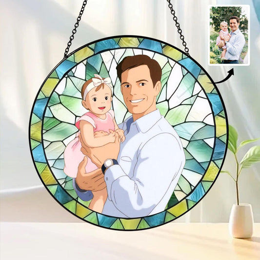 Custom Father's Day Gift, Personalized Photo Glass Suncatcher, Stained Glass Portrait, Family Picture Window Hanging, Gift for Grandpa Dad Papa (Sun-158)