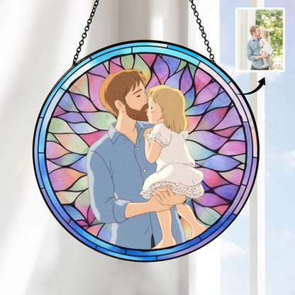 Custom Father's Day Gift, Personalized Photo Glass Suncatcher, Stained Glass Portrait, Family Picture Window Hanging, Gift for Grandpa Dad Papa (Sun-158)