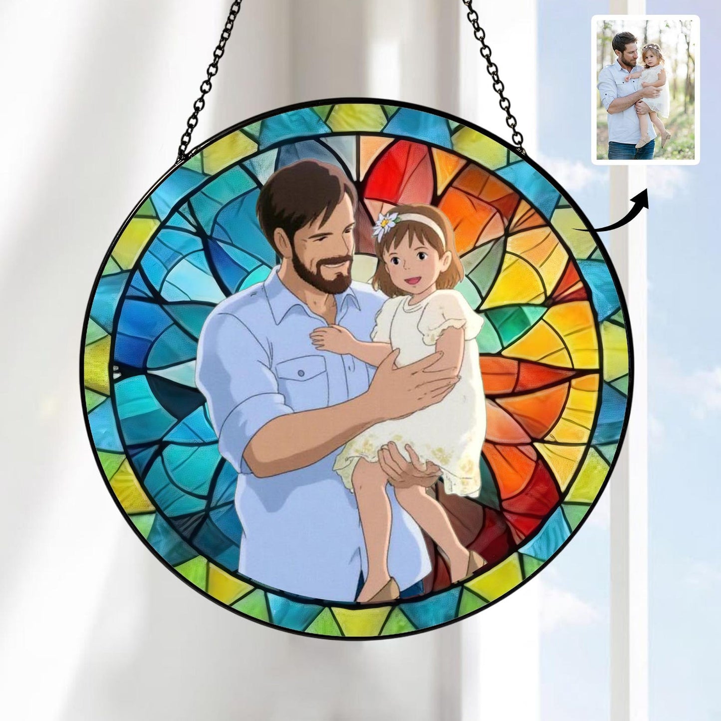 Custom Father's Day Gift, Personalized Photo Glass Suncatcher, Stained Glass Portrait, Family Picture Window Hanging, Gift for Grandpa Dad Papa (Sun-158)