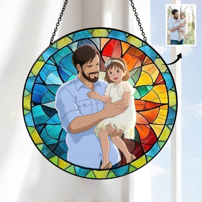 Custom Father's Day Gift, Personalized Photo Glass Suncatcher, Stained Glass Portrait, Family Picture Window Hanging, Gift for Grandpa Dad Papa (Sun-158)