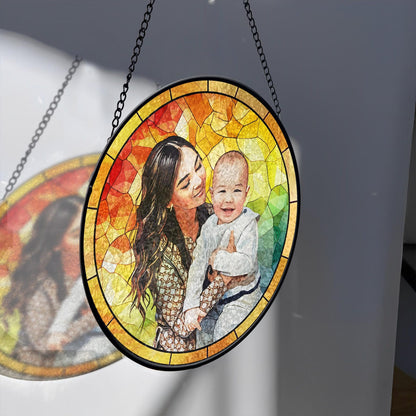 Personalized Father Portrait Photo Glass Suncatcher, Grandpa & Kids Photo Glass Suncatcher, Father's Day Gift, Gift From Kids, Loss of Dad (Sun-147)