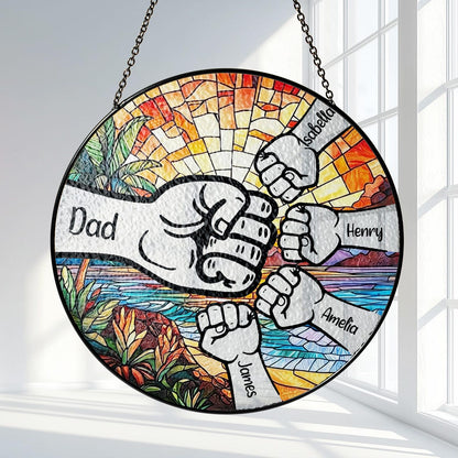 Personalized Fist Bump Dad Stained Glass Suncatcher, Father's Day Gift, Custom Dad With Kids Names, Family Name Suncatcher Window Hanging (Sun-153)