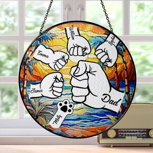 Custom Fist Bump Dad Glass Suncatcher, Custom Dad With Kids Names, Family Name Glass Suncatcher Window Hanging, Father's Day Gift (Sun-128)