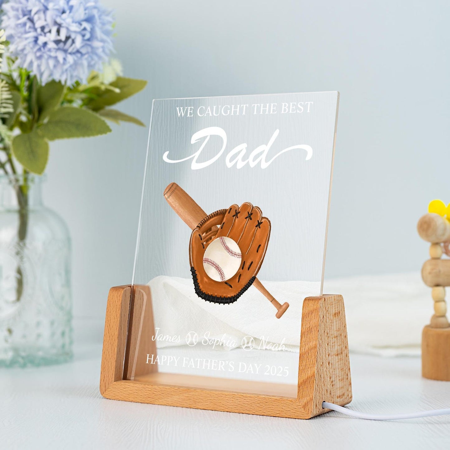 Personalized Father's Day Gift We Caught The Best Dad Night Light, Custom Father's Day Gift for Dad Grandpa, Acrylic Baseball Plaque for Him (DNL-42)