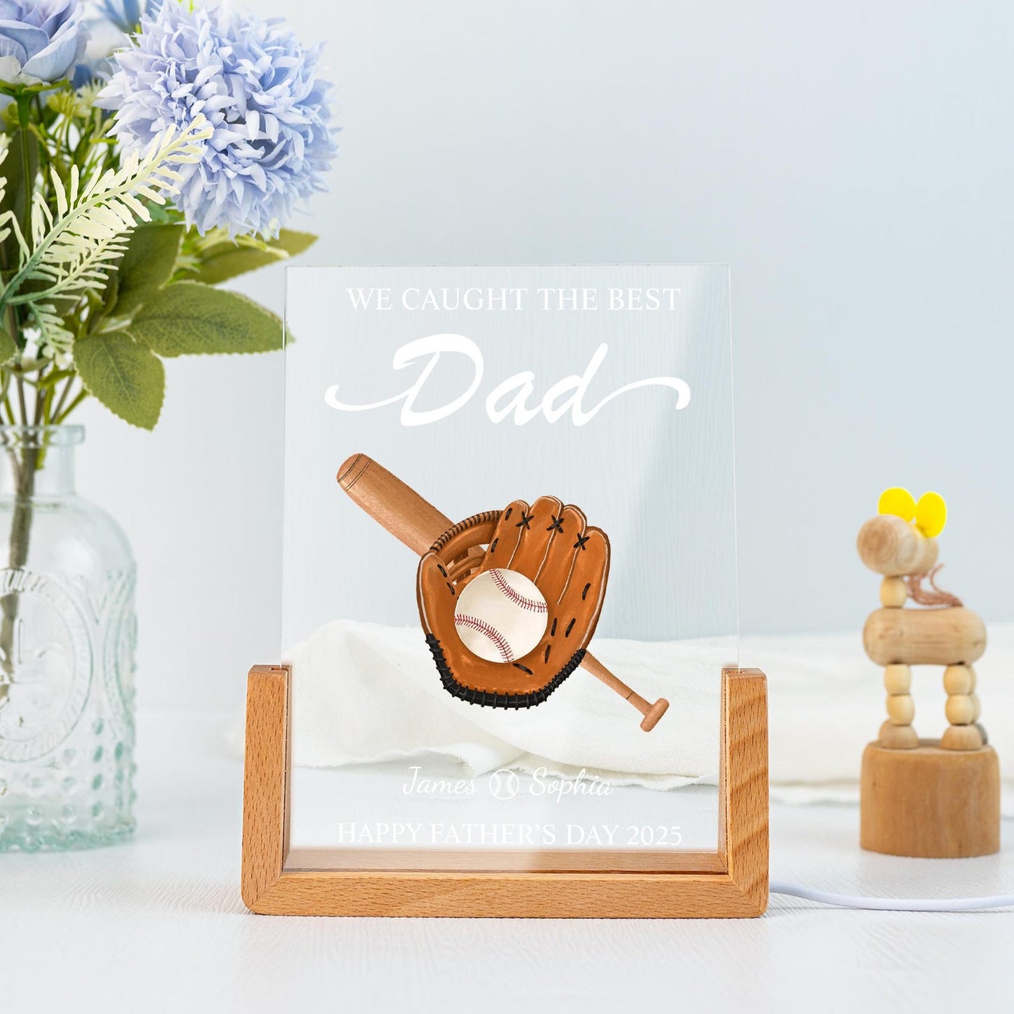 Personalized Father's Day Gift We Caught The Best Dad Night Light, Custom Father's Day Gift for Dad Grandpa, Acrylic Baseball Plaque for Him (DNL-42)