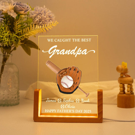 Personalized Father's Day Gift We Caught The Best Dad Night Light, Custom Father's Day Gift for Dad Grandpa, Acrylic Baseball Plaque for Him (DNL-42)