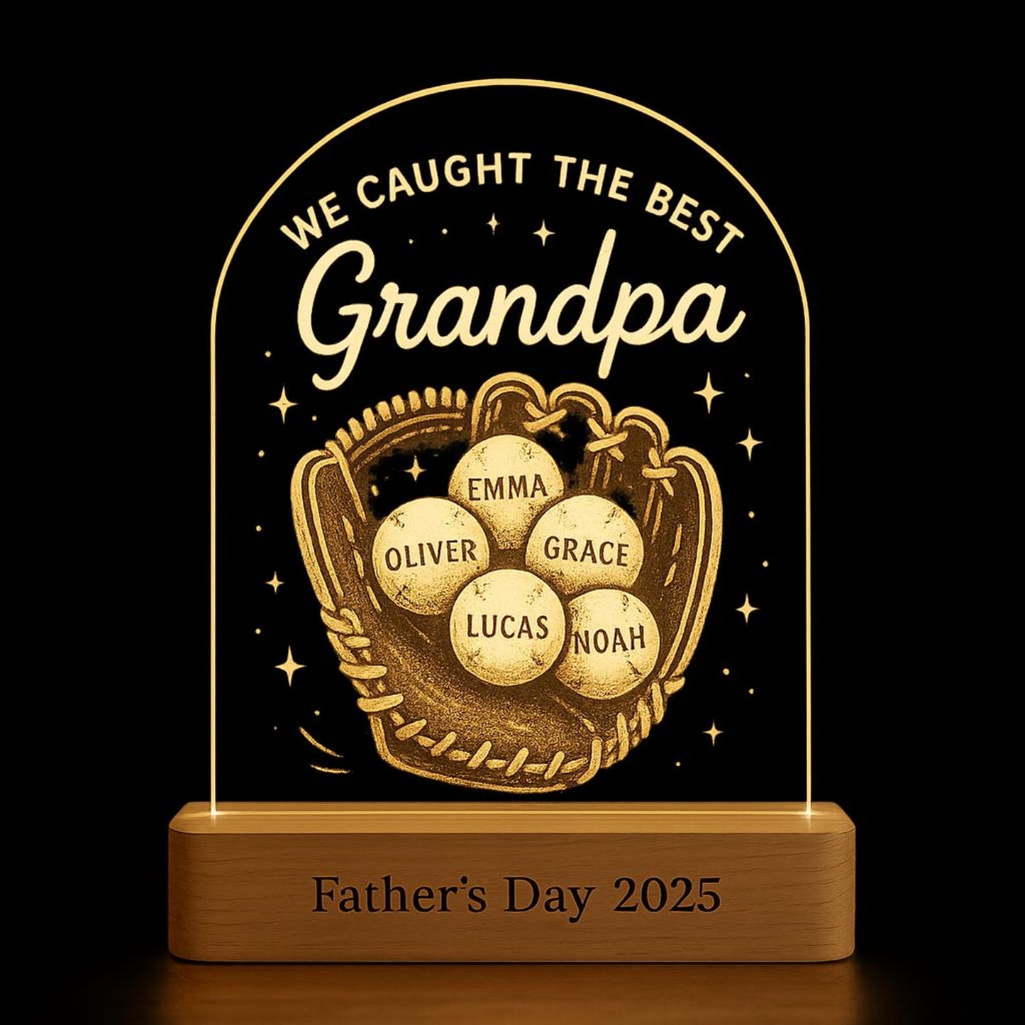 Personalized Baseball Dad Night Light, Custom LED Acrylic Lamp with Children’s Names, Father’s Day or Grandpa Gift, Wooden Base Included (DNL-13)