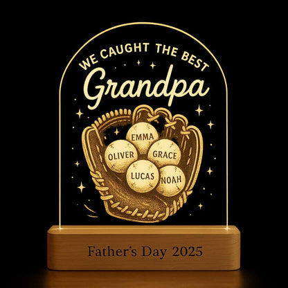 Personalized Baseball Dad Night Light, Custom LED Acrylic Lamp with Children’s Names, Father’s Day or Grandpa Gift, Wooden Base Included (DNL-13)