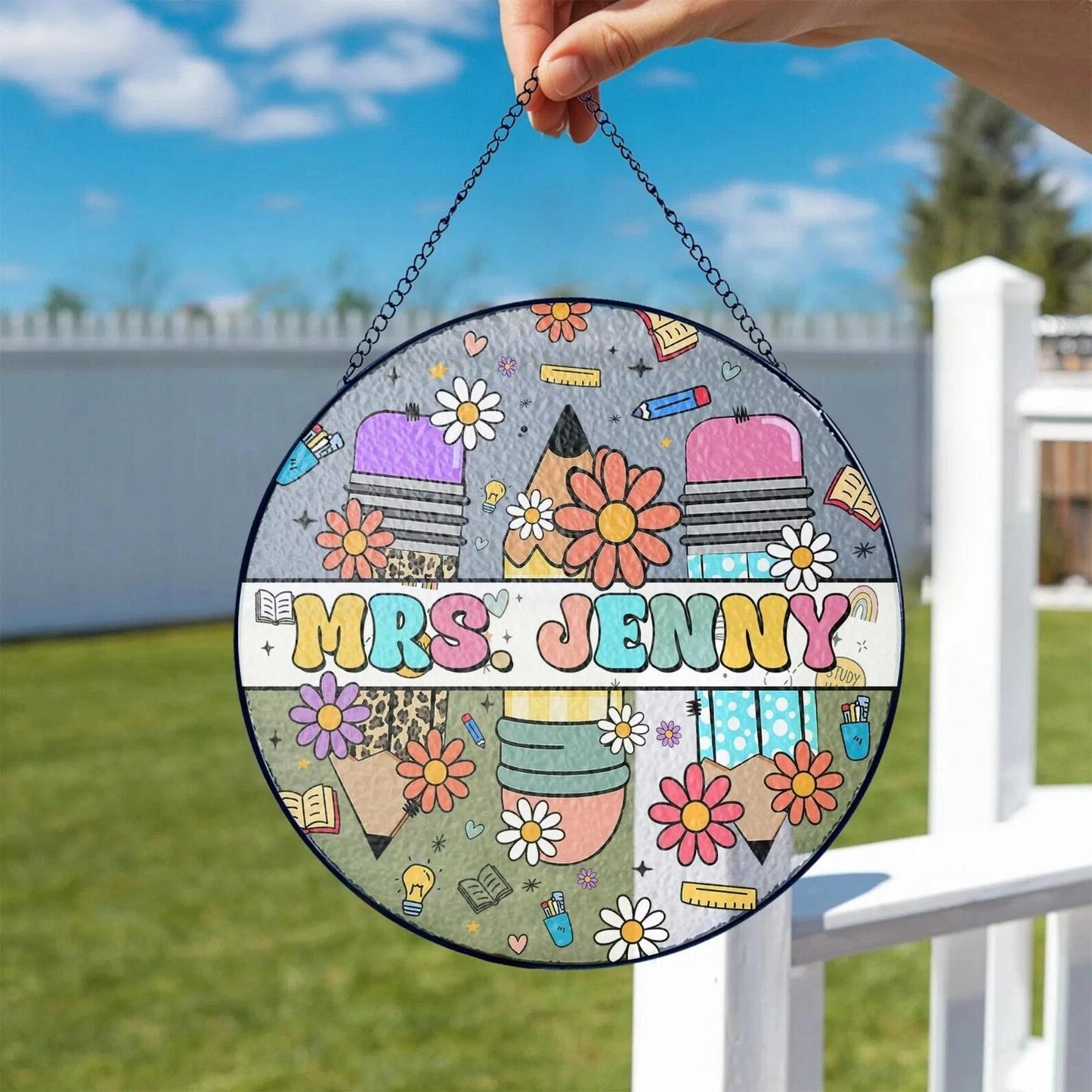 Custom Flower Teacher Stained Glass Suncatcher, Teacher Appreciation Gift From Student, Back To School, Window Hanging Classroom