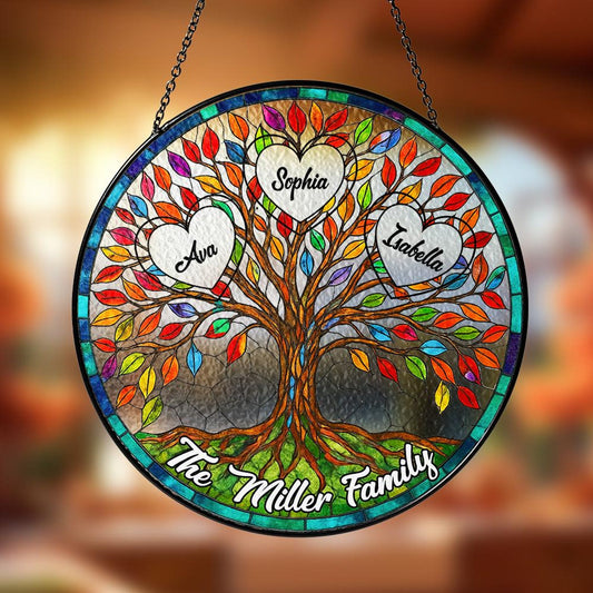 Custom Tree of Life Family Suncatcher, Family Stained Glass Ornament, Personalized Family Name Suncatcher, Family Keepsake (Sun-131)