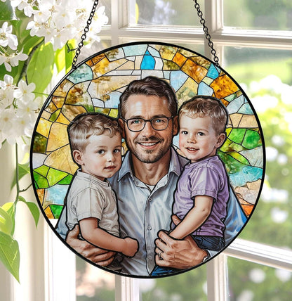 Fathers Day Glass Suncatcher, Custom Photo Stained Glass Gift for Grandpa, New Dad Gift, Custom Dad Photo Stained Glass Suncatcher, Dad Birthday (Sun-154)