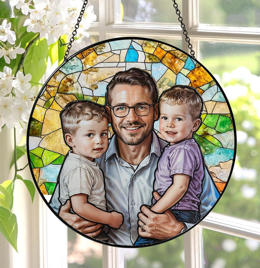 Fathers Day Glass Suncatcher, Custom Photo Stained Glass Gift for Grandpa, New Dad Gift, Custom Dad Photo Stained Glass Suncatcher, Dad Birthday (Sun-154)