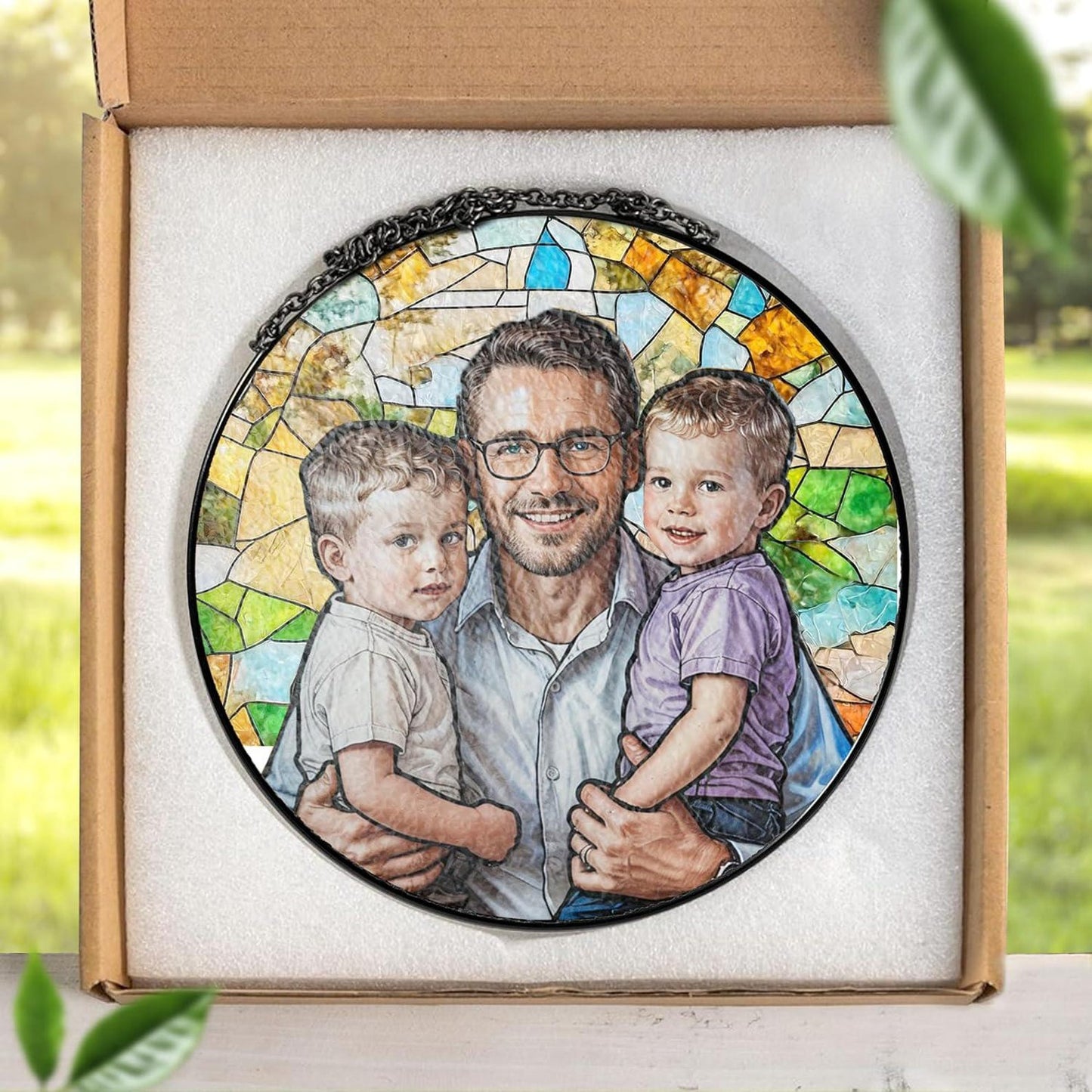 Fathers Day Glass Suncatcher, Custom Photo Stained Glass Gift for Grandpa, New Dad Gift, Custom Dad Photo Stained Glass Suncatcher, Dad Birthday (Sun-154)