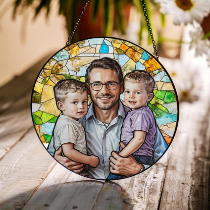 Fathers Day Glass Suncatcher, Custom Photo Stained Glass Gift for Grandpa, New Dad Gift, Custom Dad Photo Stained Glass Suncatcher, Dad Birthday (Sun-154)