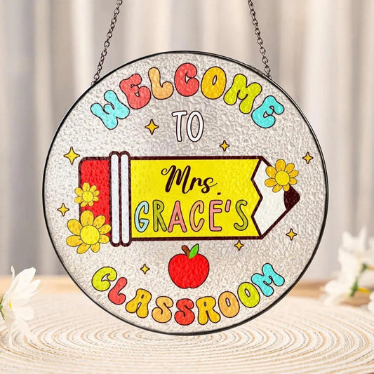 Personalized Teacher Stained Glass Suncatcher, Custom Name Sign Rainbow Pencil Bright, Classroom Decor, Back To School, Gift For Her (Sun-160)