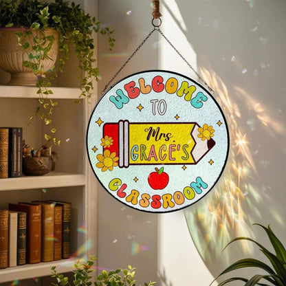 Personalized Teacher Stained Glass Suncatcher, Custom Name Sign Rainbow Pencil Bright, Classroom Decor, Back To School, Gift For Her (Sun-160)