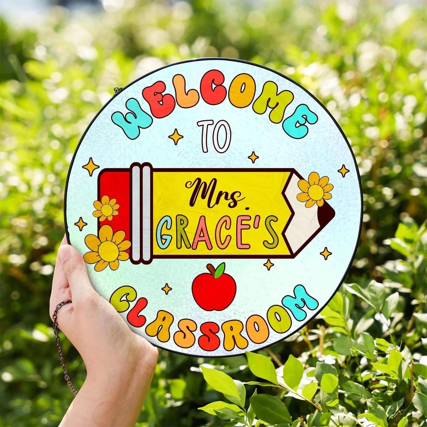 Personalized Teacher Stained Glass Suncatcher, Custom Name Sign Rainbow Pencil Bright, Classroom Decor, Back To School, Gift For Her (Sun-160)