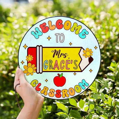 Personalized Teacher Stained Glass Suncatcher, Custom Name Sign Rainbow Pencil Bright, Classroom Decor, Back To School, Gift For Her (Sun-160)