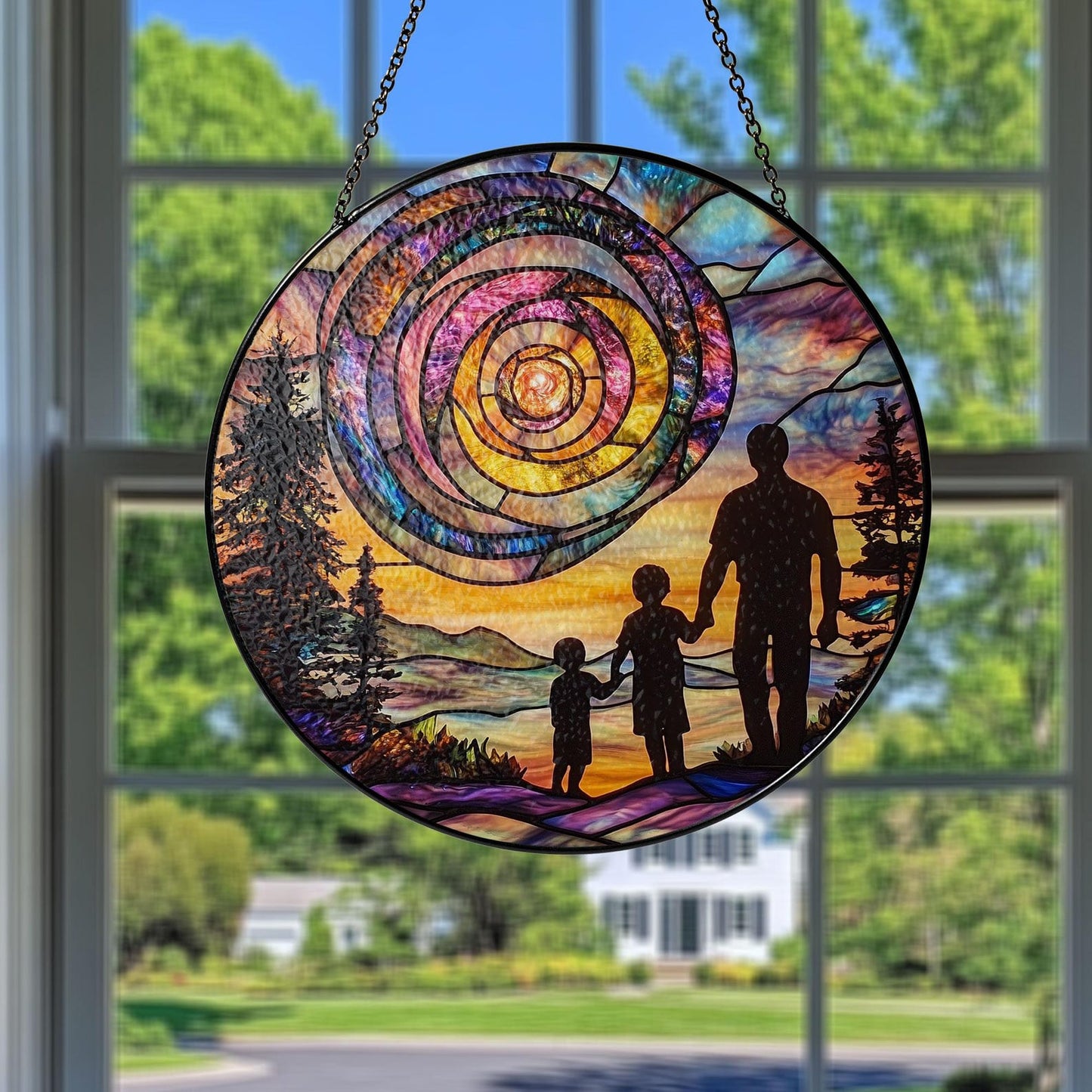 Dad and Kids Sunset Spiral Glass Suncatcher, Handmade Father’s Day Gift, Sentimental Keepsake from Children, Unique Gift for Him, Family Love Decor (Sun-148)