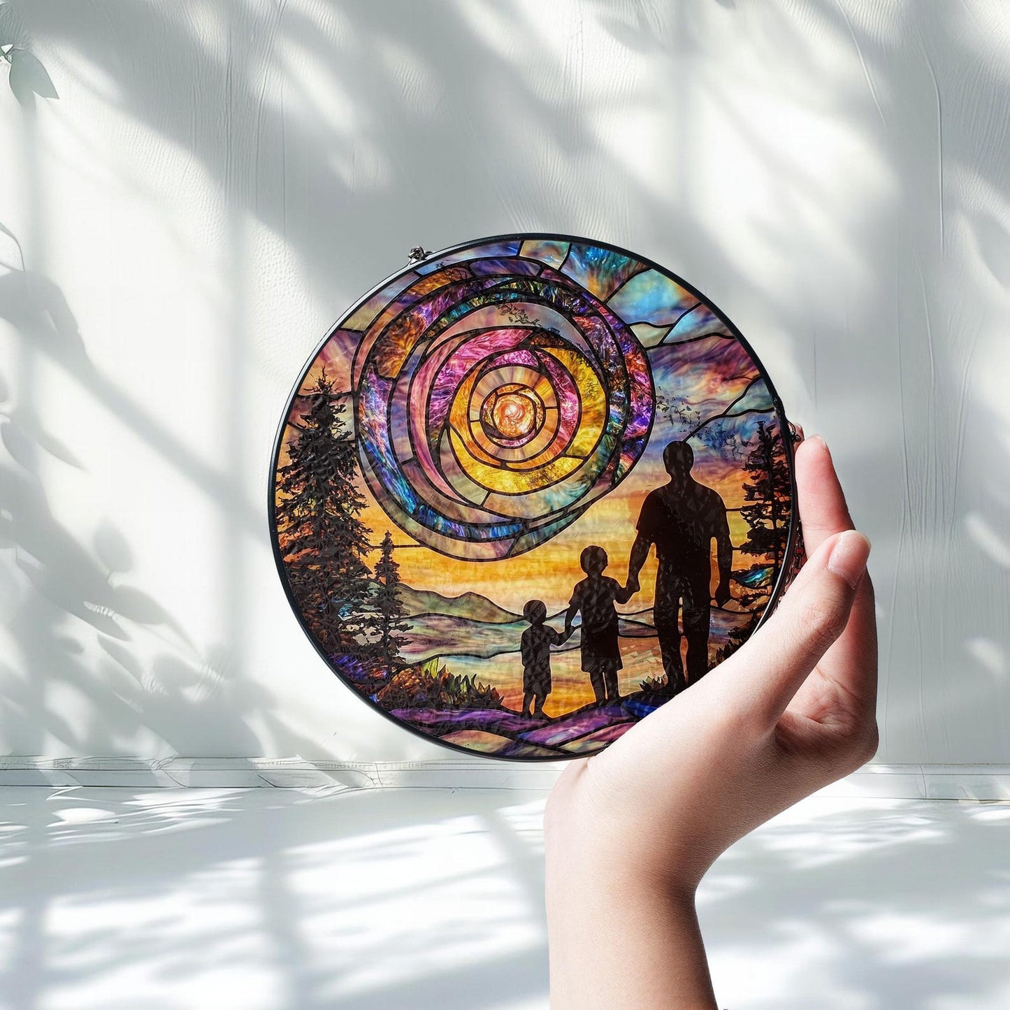 Dad and Kids Sunset Spiral Glass Suncatcher, Handmade Father’s Day Gift, Sentimental Keepsake from Children, Unique Gift for Him, Family Love Decor (Sun-148)