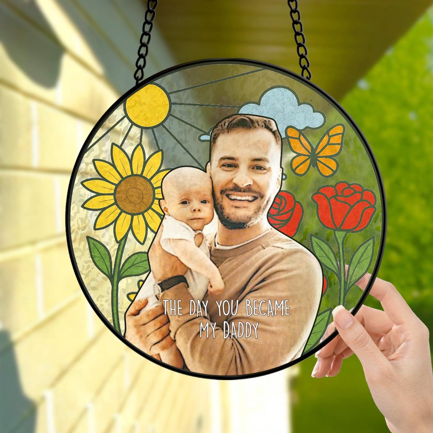 Personalized Father Portrait Photo Glass Suncatcher, Custom Photo Portrait Stained Glass Suncatcher, Father's Day Gift, Gift From Kids (Sun-121)