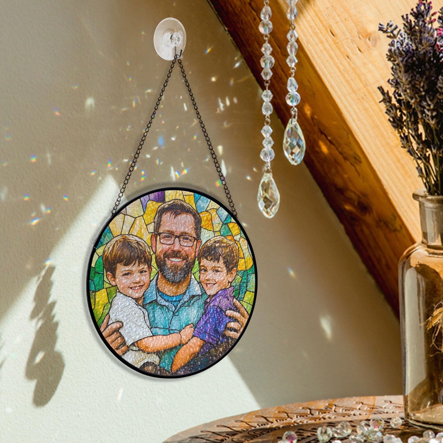 Personalized Dad And Kids Portrait Faux Glass Suncatcher, Custom Portrait From Photo Window Hanging, Father's Day Gift For Daddy, Birthday Dad (Sun-129)
