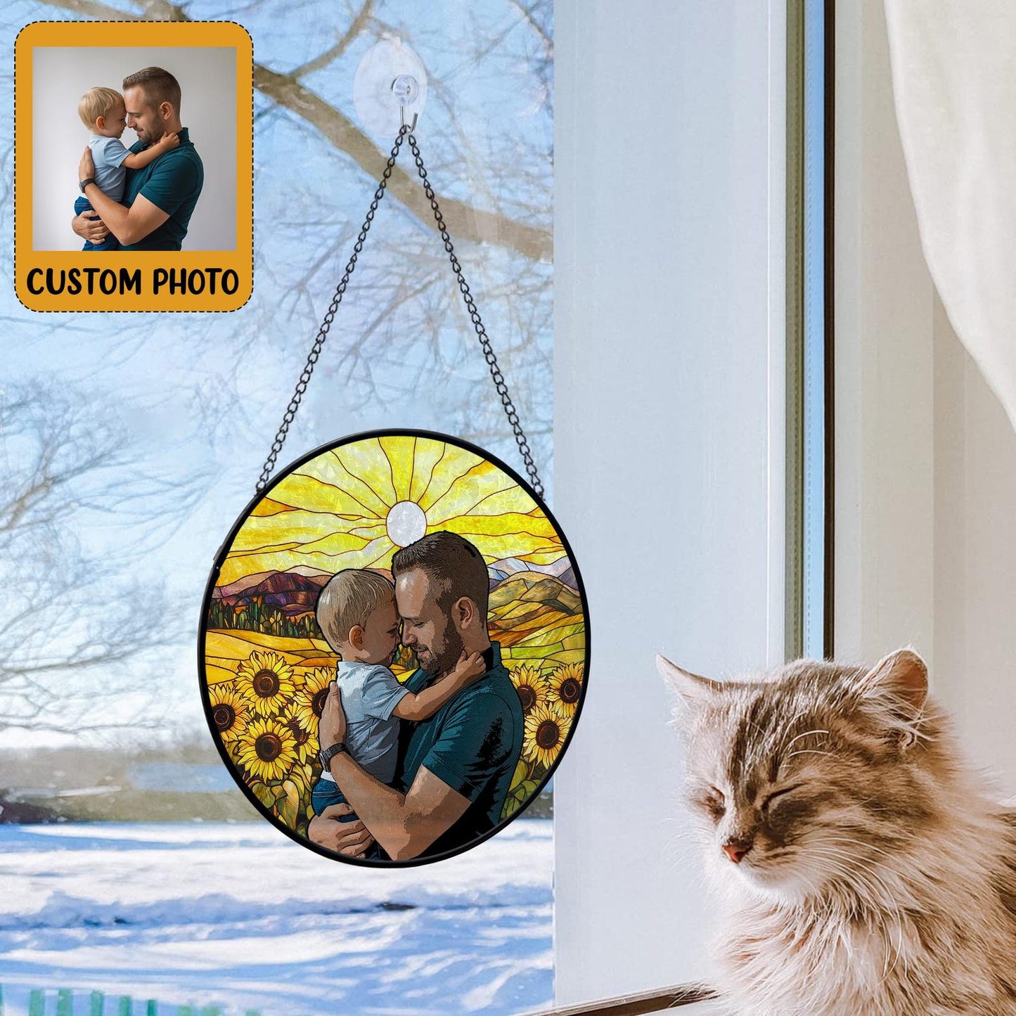 Custom Photo Kids And Dad Glass Suncatcher, Personalized Father's Day Suncatcher For Dad, Dad And Child Gift, New Dad Gifts, Gift From Kids (Sun-152)