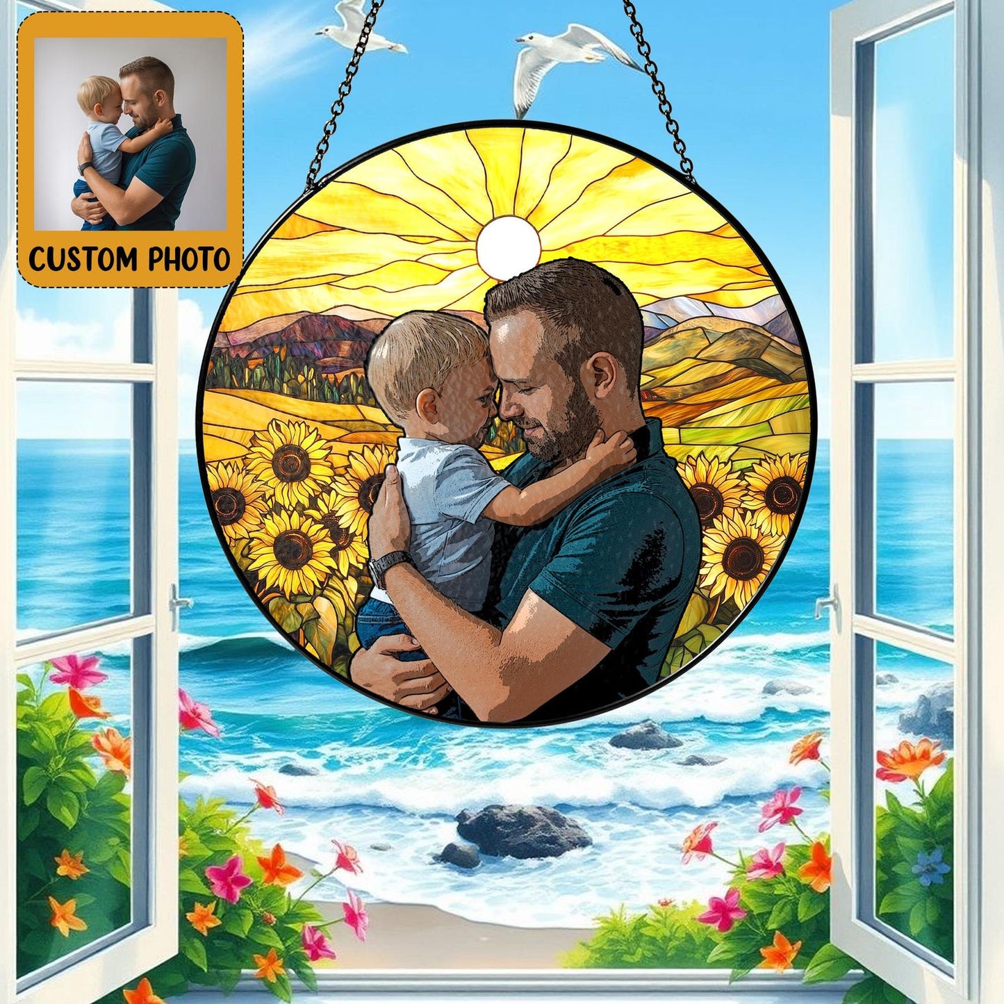 Custom Photo Kids And Dad Glass Suncatcher, Personalized Father's Day Suncatcher For Dad, Dad And Child Gift, New Dad Gifts, Gift From Kids (Sun-152)