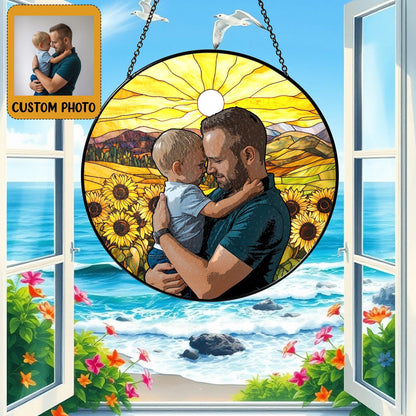 Custom Photo Kids And Dad Glass Suncatcher, Personalized Father's Day Suncatcher For Dad, Dad And Child Gift, New Dad Gifts, Gift From Kids (Sun-152)