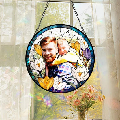 Personalized Dad Portrait Stained Glass Suncatcher, Fathers Day Gift, Gift From Kid, Glass Suncatcher, Window Hanging, Custom Photo, Dad Birthday Gift (Sun-150)