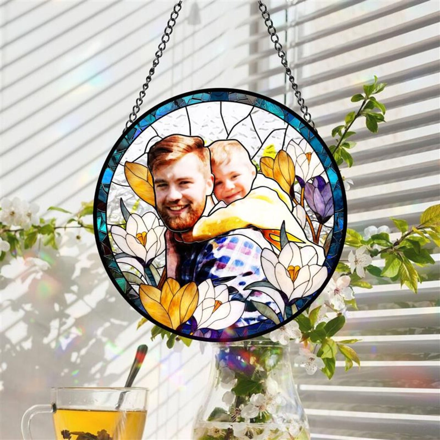 Personalized Dad Portrait Stained Glass Suncatcher, Fathers Day Gift, Gift From Kid, Glass Suncatcher, Window Hanging, Custom Photo, Dad Birthday Gift (Sun-150)