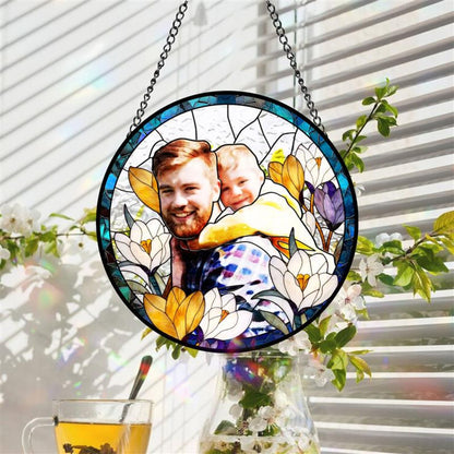 Personalized Dad Portrait Stained Glass Suncatcher, Fathers Day Gift, Gift From Kid, Glass Suncatcher, Window Hanging, Custom Photo, Dad Birthday Gift (Sun-150)