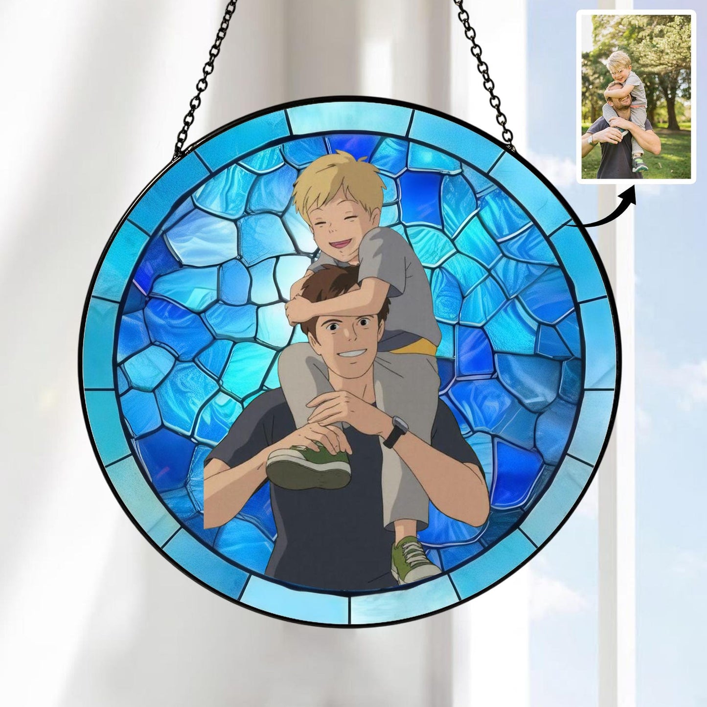 Custom Father's Day Gift, Personalized Photo Glass Suncatcher, Stained Glass Portrait, Family Picture Window Hanging, Gift for Grandpa Dad Papa (Sun-158)
