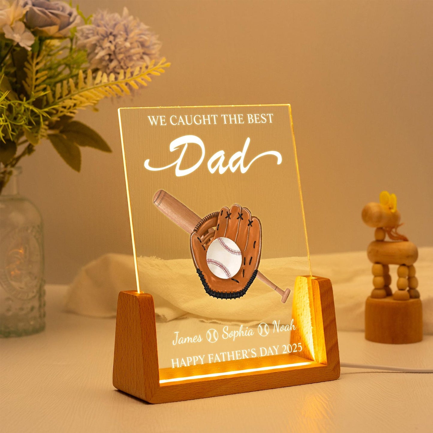 Personalized Father's Day Gift We Caught The Best Dad Night Light, Custom Father's Day Gift for Dad Grandpa, Acrylic Baseball Plaque for Him (DNL-42)