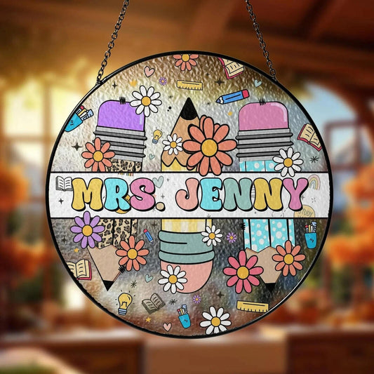 Custom Flower Teacher Stained Glass Suncatcher, Teacher Appreciation Gift From Student, Back To School, Window Hanging Classroom