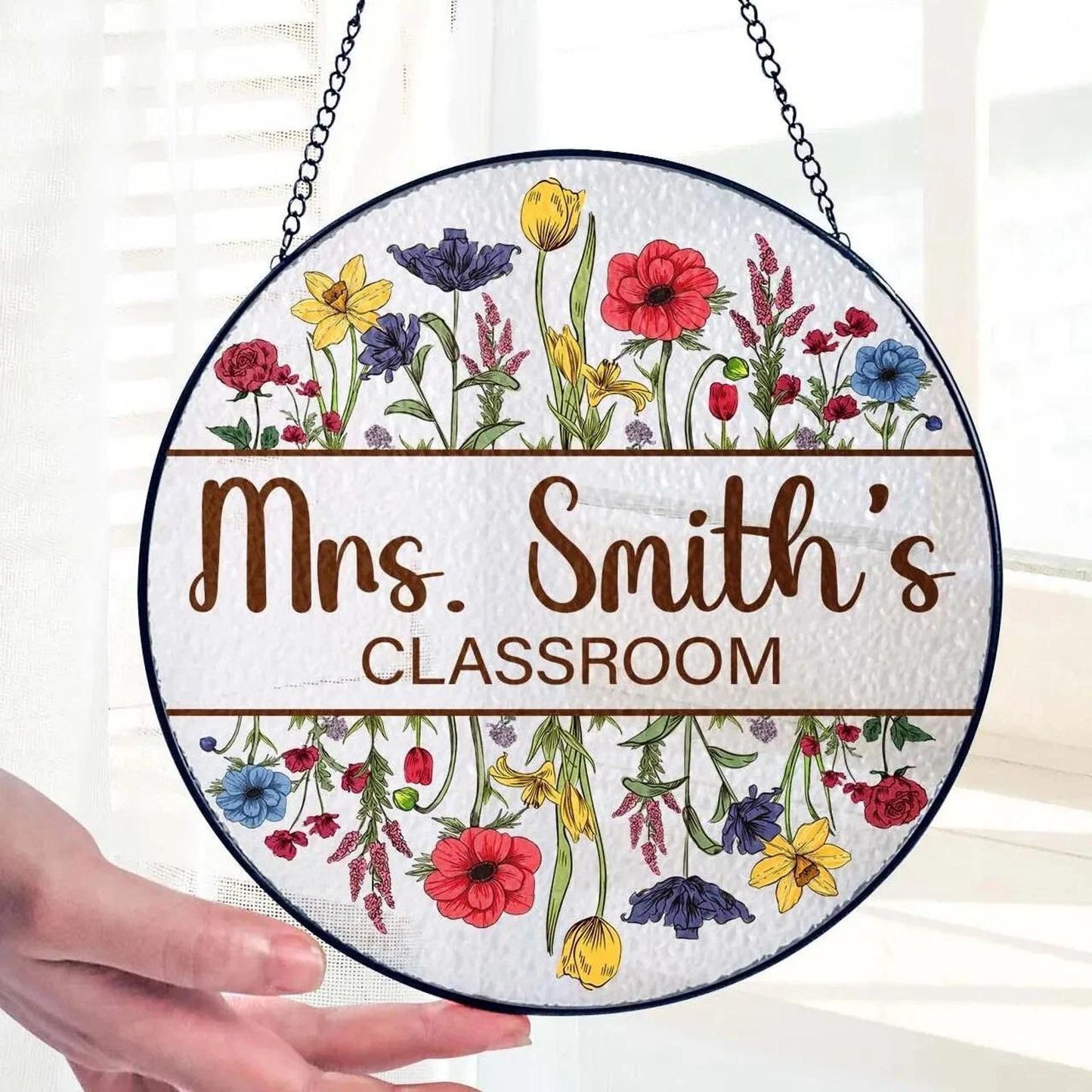 Teacher Flower Stained Glass Suncatcher, Name Gift for Teacher, Classroom Decor, Indoor Class Window Hanging Initial Name (Sun-161)