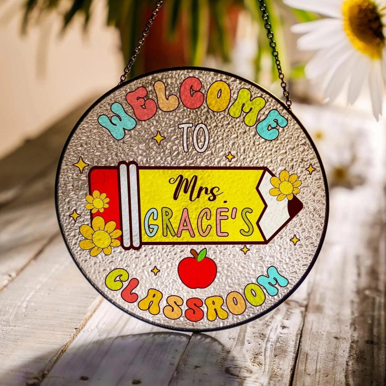 Personalized Teacher Stained Glass Suncatcher, Custom Name Sign Rainbow Pencil Bright, Classroom Decor, Back To School, Gift For Her (Sun-160)